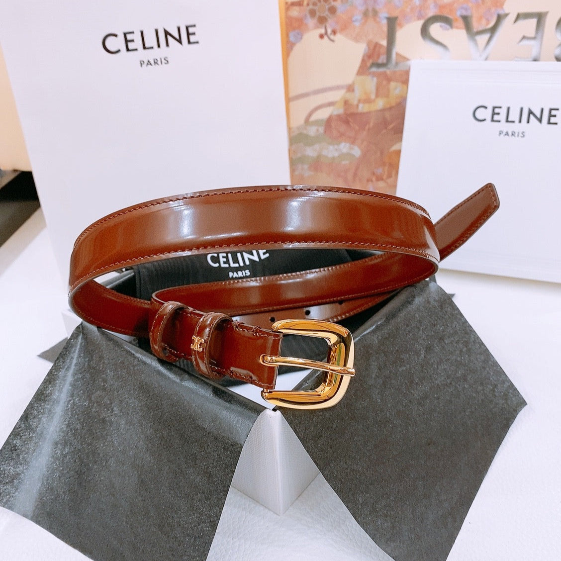 CELINE 25S BELT 25MM WITH ARC DE TRIOMPHE BUCKLE IN BURNT UMBER 571500 - 26 - 28
