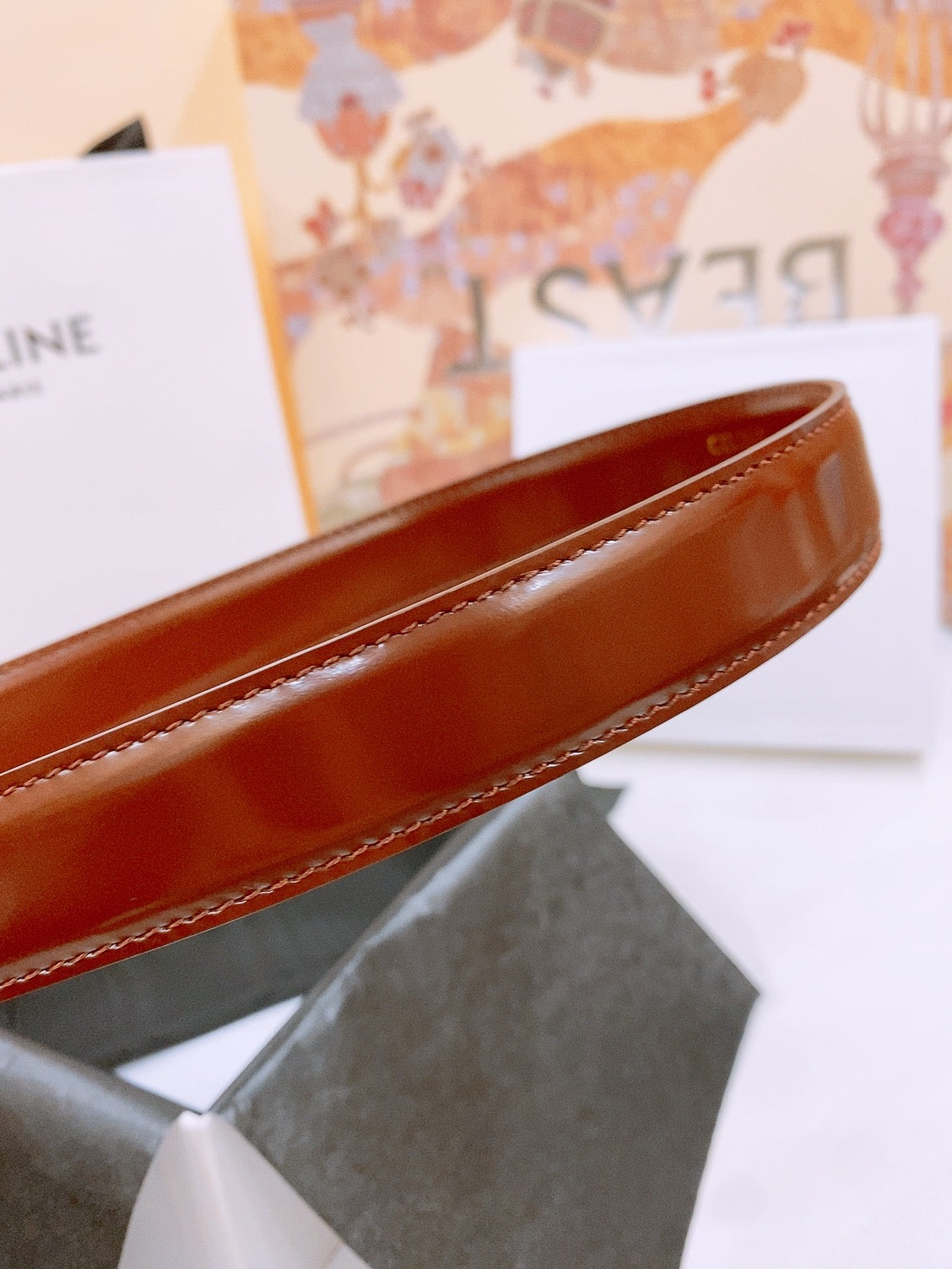 CELINE 25S BELT 25MM WITH ARC DE TRIOMPHE BUCKLE IN BURNT UMBER 571500 - 26 - 28