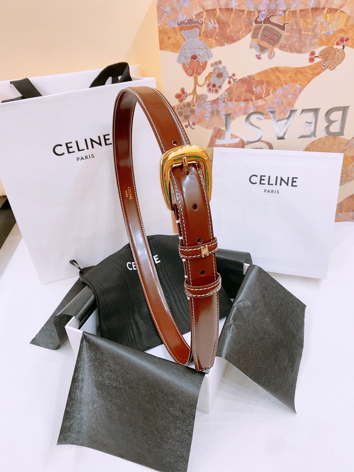 CELINE 25S BELT 25MM WITH ARC DE TRIOMPHE BUCKLE IN BURNT UMBER 571501 - 26 - 28