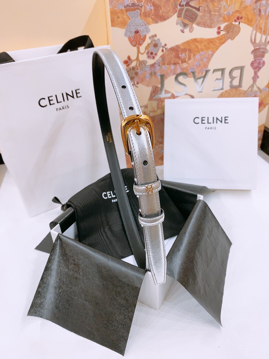 CELINE 25S BELT 18MM WITH ARC DE TRIOMPHE BUCKLE IN SILVER 571503 - 26 - 28