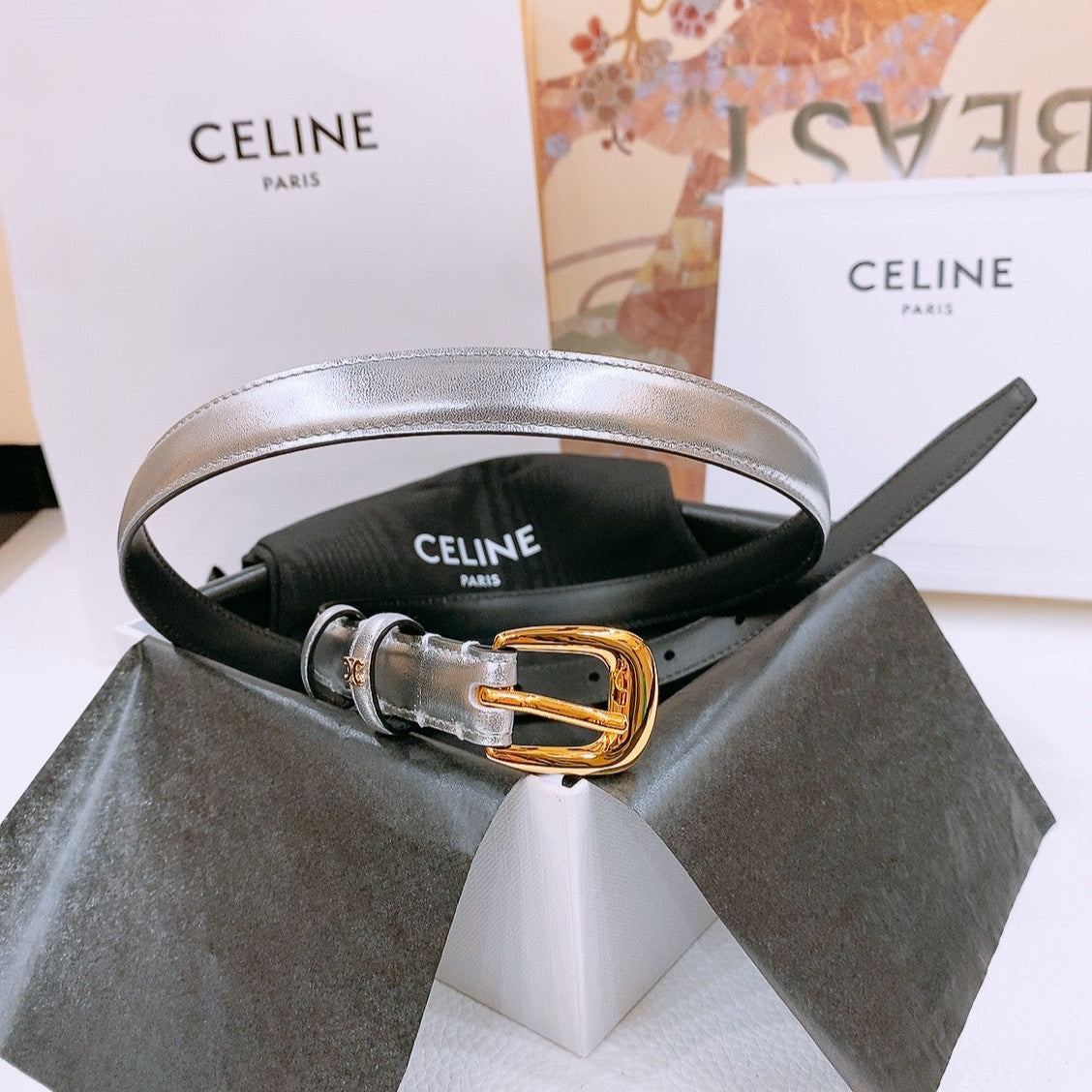 CELINE 25S BELT 18MM WITH ARC DE TRIOMPHE BUCKLE IN SILVER 571503 - 26 - 28