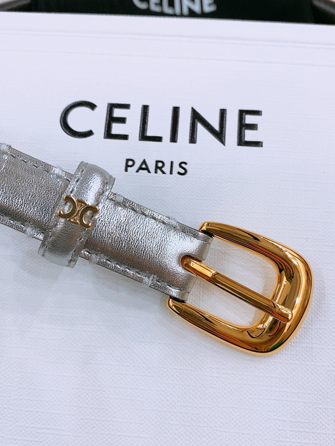 CELINE 25S BELT 18MM WITH ARC DE TRIOMPHE BUCKLE IN SILVER 571503 - 26 - 28