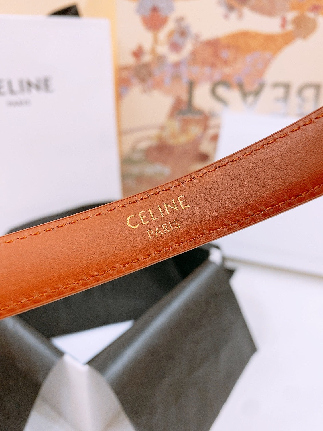 CELINE 25S BELT 18MM WITH ARC DE TRIOMPHE BUCKLE IN DARK CARAMEL 571504 - 26 - 28