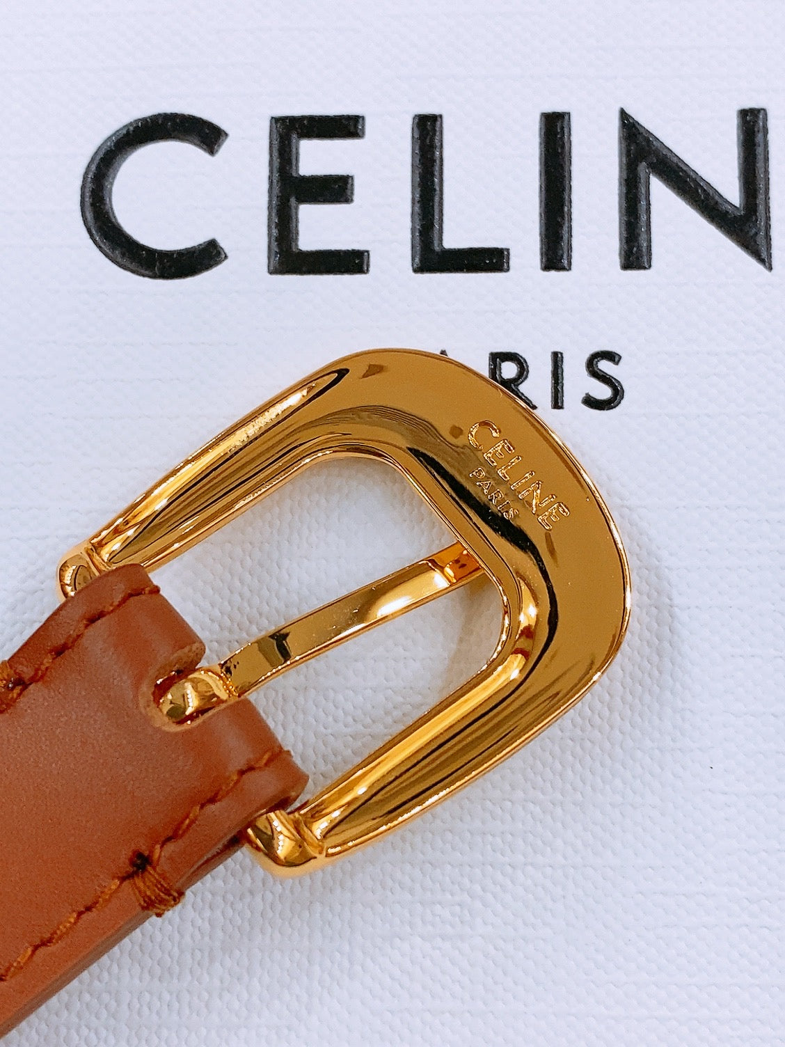 CELINE 25S BELT 18MM WITH ARC DE TRIOMPHE BUCKLE IN DARK CARAMEL 571504 - 26 - 28