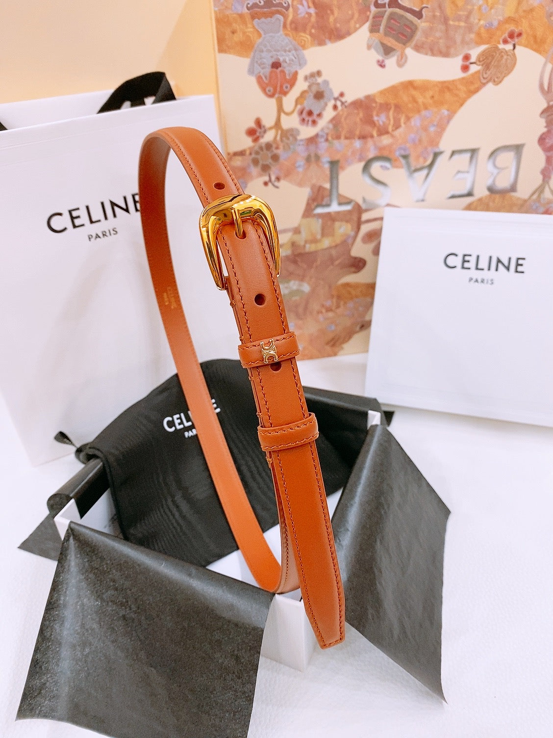 CELINE 25S BELT 18MM WITH ARC DE TRIOMPHE BUCKLE IN DARK CARAMEL 571504 - 26 - 28