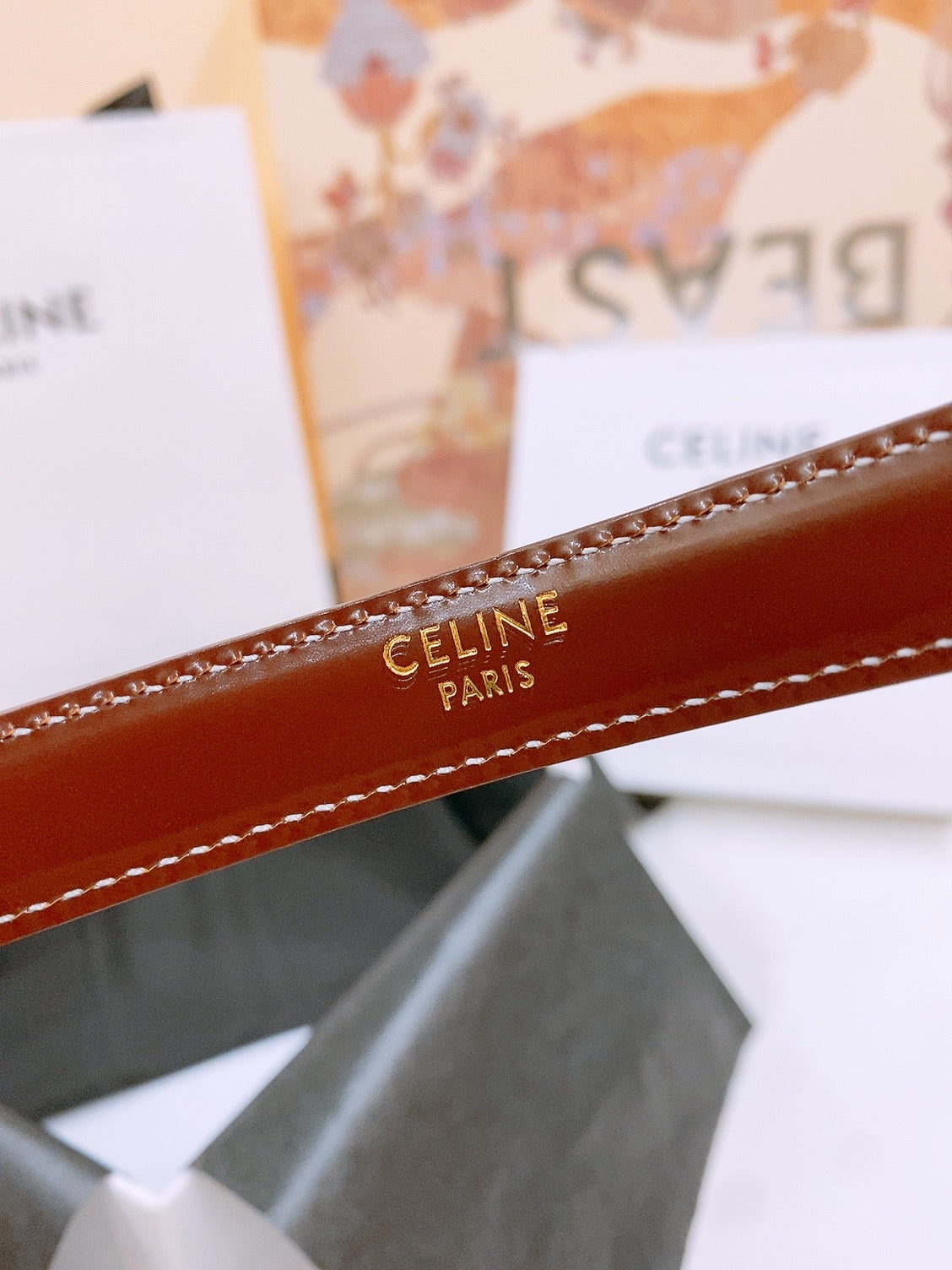 CELINE 25S BELT 18MM WITH ARC DE TRIOMPHE BUCKLE IN BURNT UMBER 571505 - 26 - 28