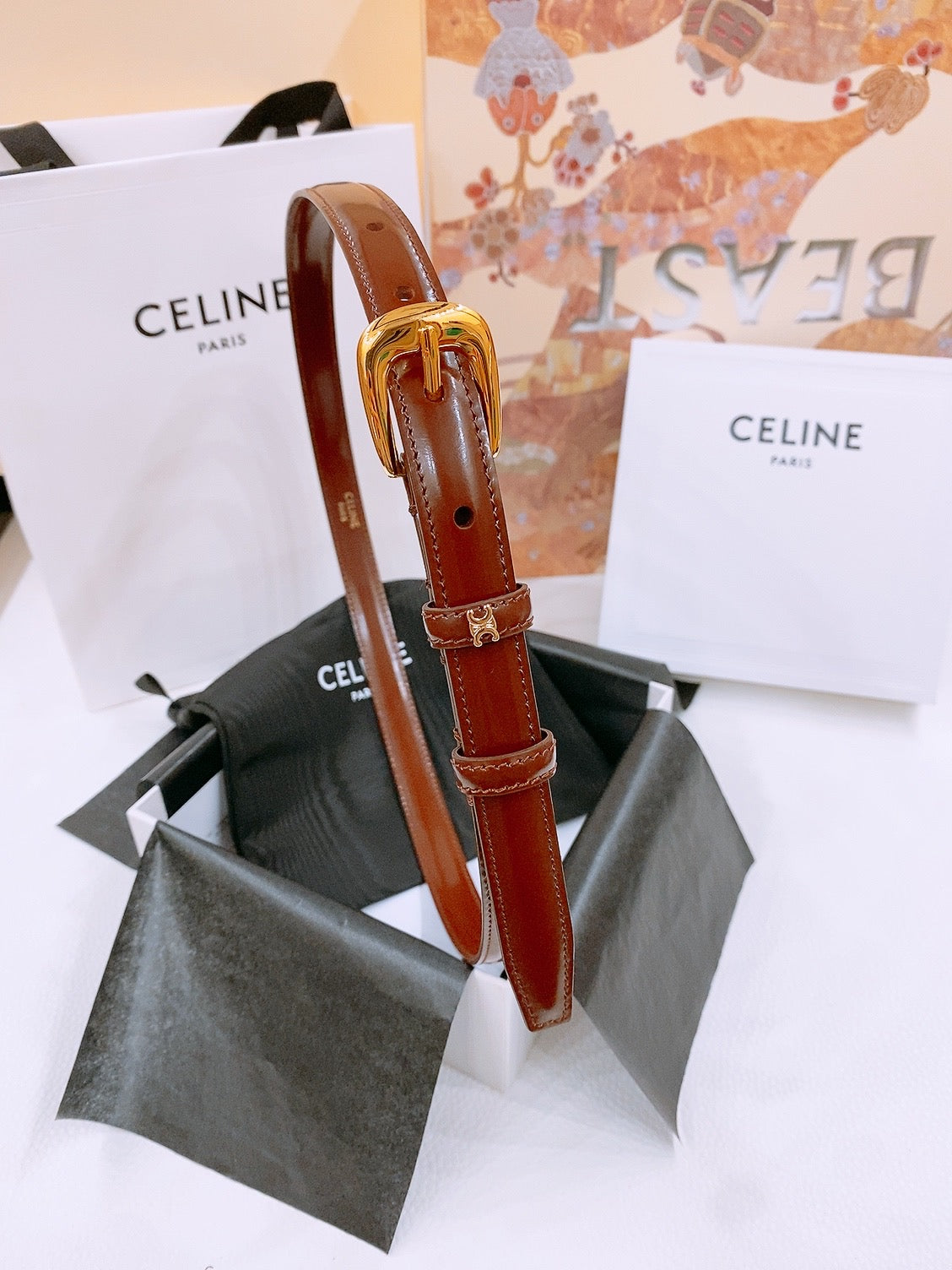 CELINE 25S BELT 18MM WITH ARC DE TRIOMPHE BUCKLE IN BURNT UMBER 571506 - 26 - 28