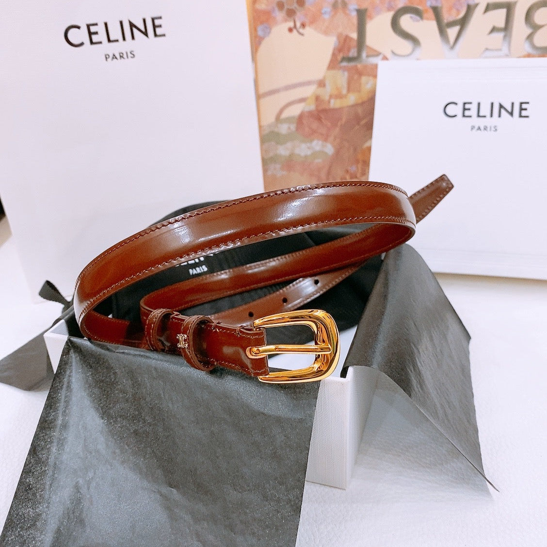 CELINE 25S BELT 18MM WITH ARC DE TRIOMPHE BUCKLE IN BURNT UMBER 571506 - 26 - 28