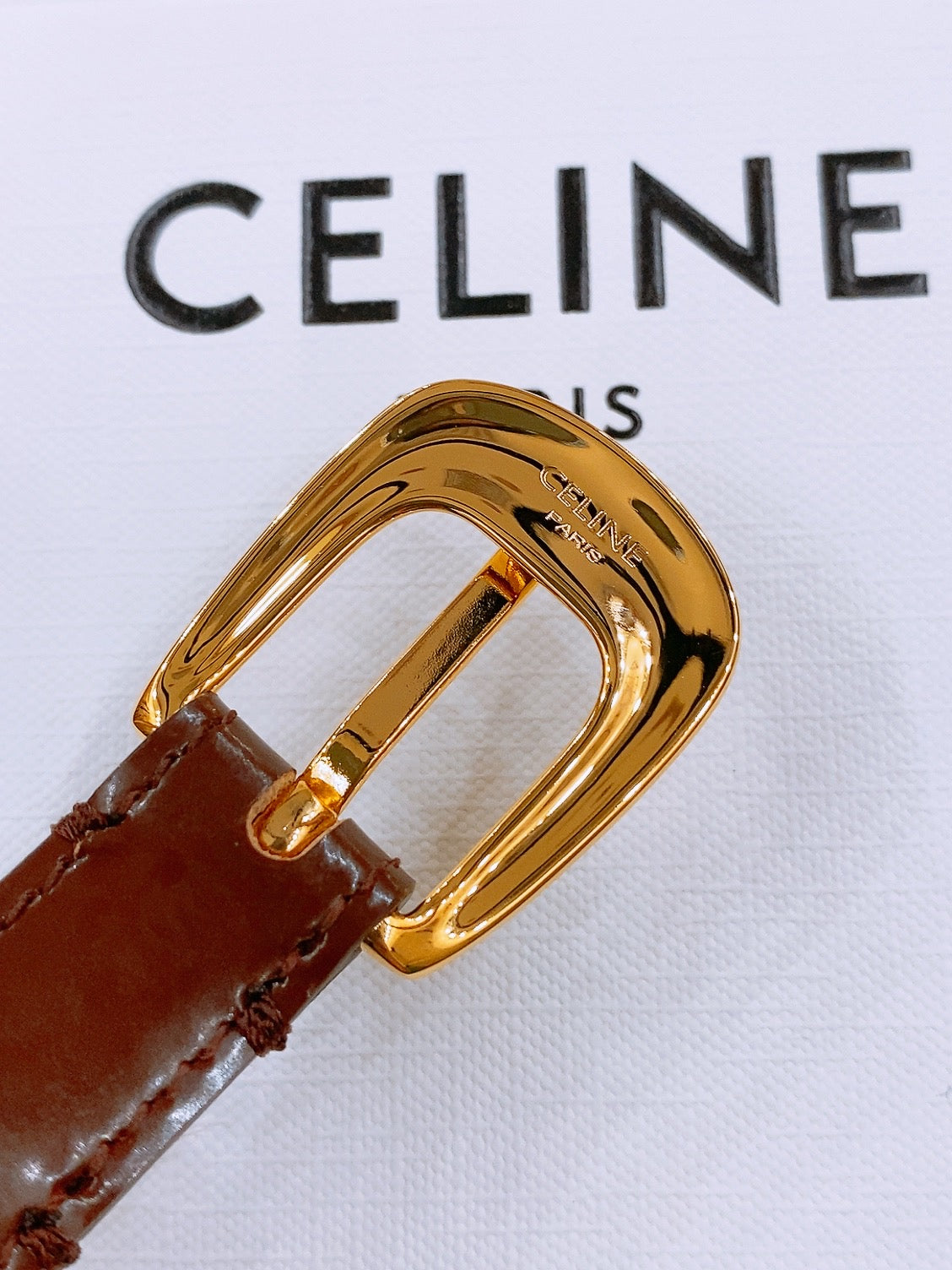 CELINE 25S BELT 18MM WITH ARC DE TRIOMPHE BUCKLE IN BURNT UMBER 571506 - 26 - 28