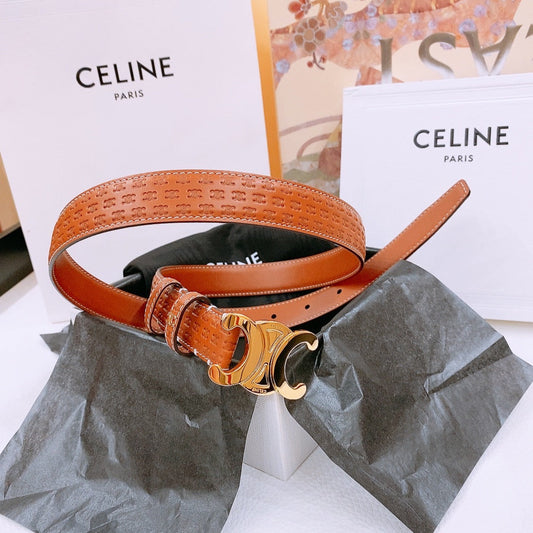 CELINE 25S TRIOMPHE BELT 25MM IN DARK CARAMEL CALFSKIN DEBOSSED LOGO 570964 - 26 - 28
