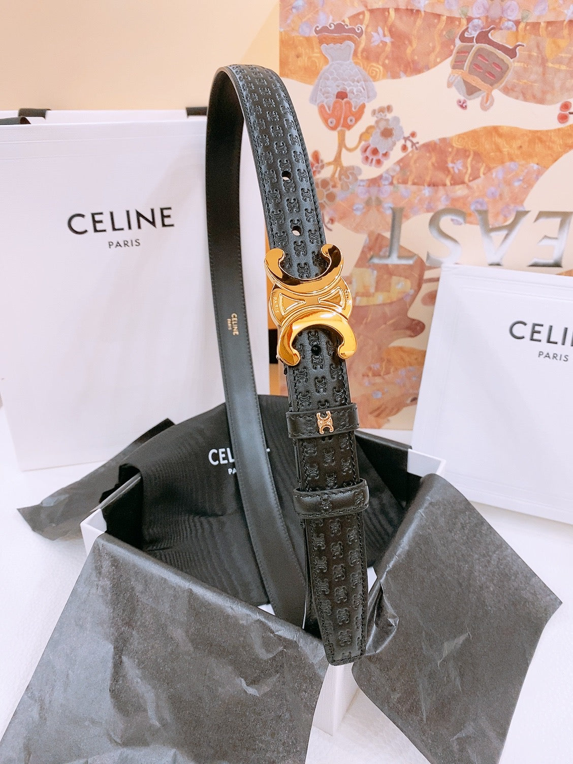 CELINE 25S TRIOMPHE BELT 25MM IN BLACK CALFSKIN DEBOSSED LOGO 570965 - 26 - 28