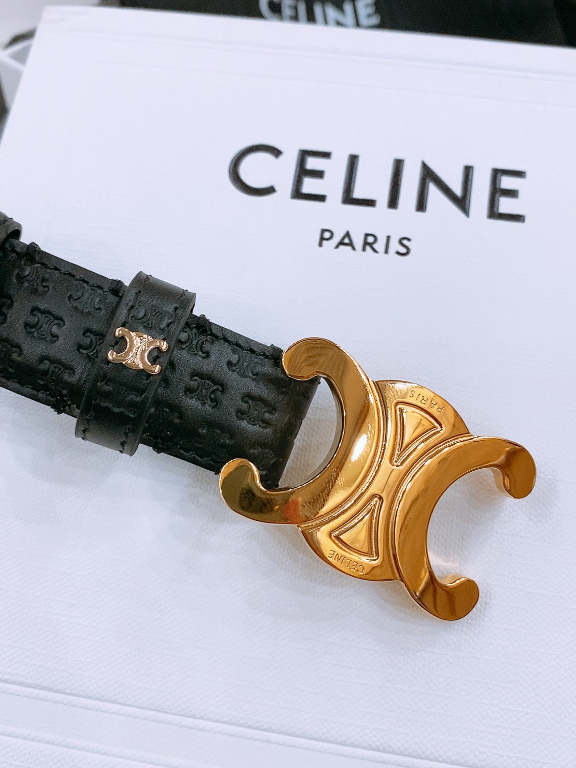 CELINE 25S TRIOMPHE BELT 25MM IN BLACK CALFSKIN DEBOSSED LOGO 570965 - 26 - 28