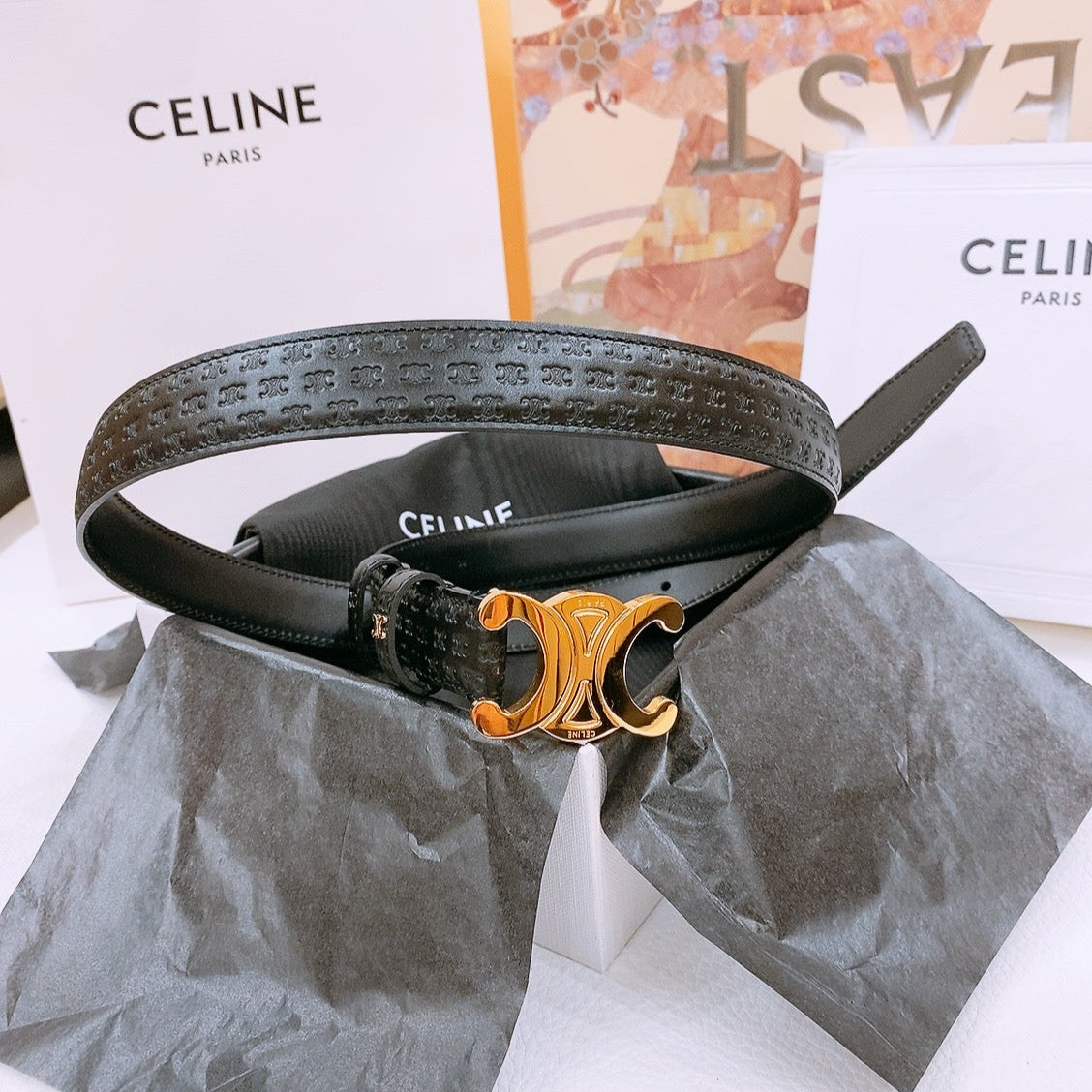 CELINE 25S TRIOMPHE BELT 25MM IN BLACK CALFSKIN DEBOSSED LOGO 570965 - 26 - 28