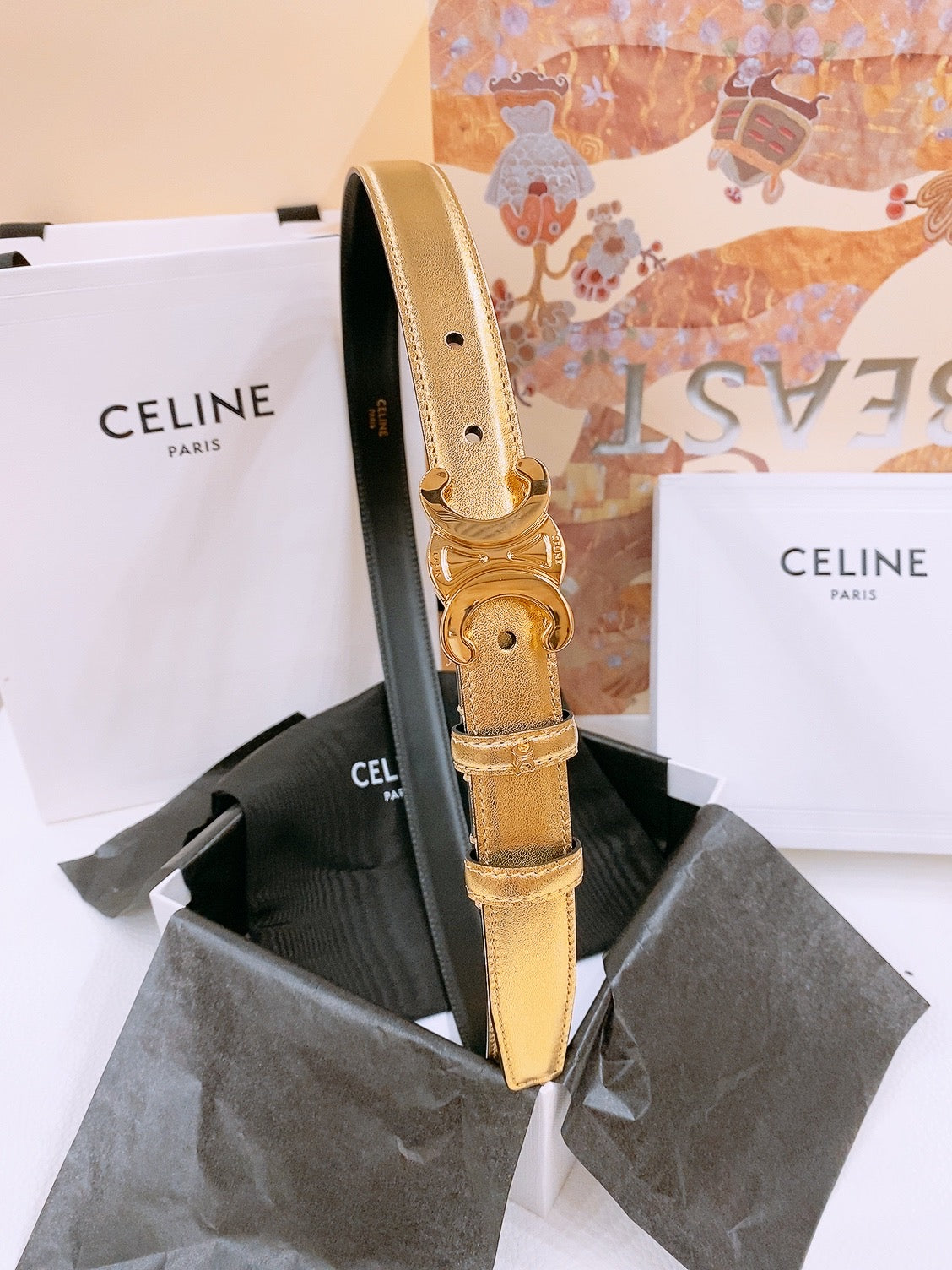 CELINE 25S TRIOMPHE BELT 25MM IN GOLD CALFSKIN GOLD HARDWARE 570966 - 26 - 28