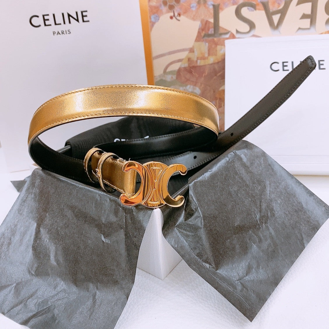CELINE 25S TRIOMPHE BELT 25MM IN GOLD CALFSKIN GOLD HARDWARE 570966 - 26 - 28