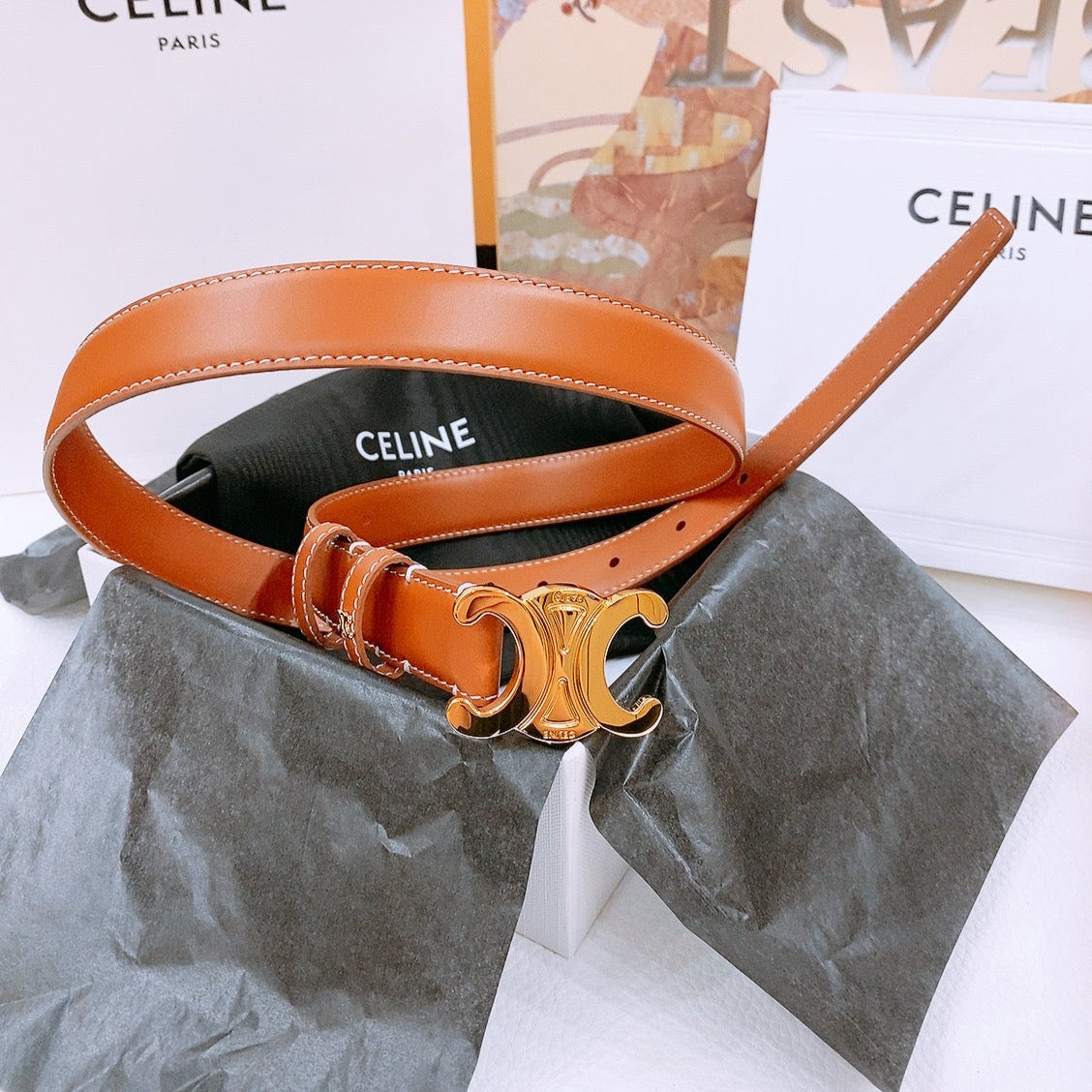 CELINE 25S TRIOMPHE BELT 25MM IN DARK CARAMEL CALFSKIN GOLD HARDWARE 570967 - 26 - 28