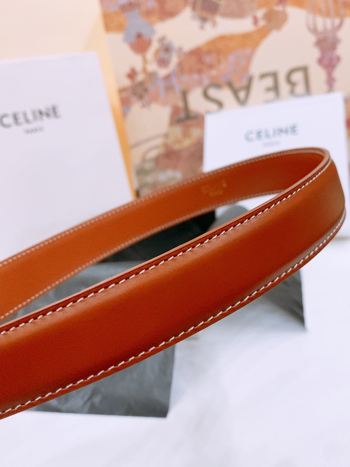 CELINE 25S TRIOMPHE BELT 25MM IN DARK CARAMEL CALFSKIN GOLD HARDWARE 570967 - 26 - 28
