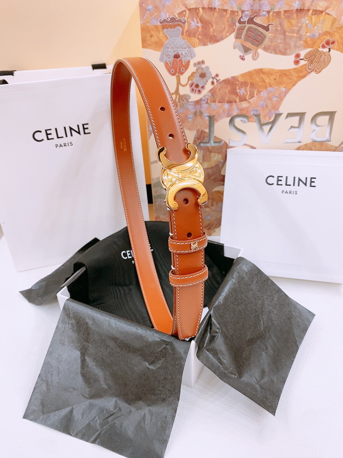 CELINE 25S TRIOMPHE BELT 25MM IN DARK CARAMEL CALFSKIN GOLD HARDWARE 570967 - 26 - 28