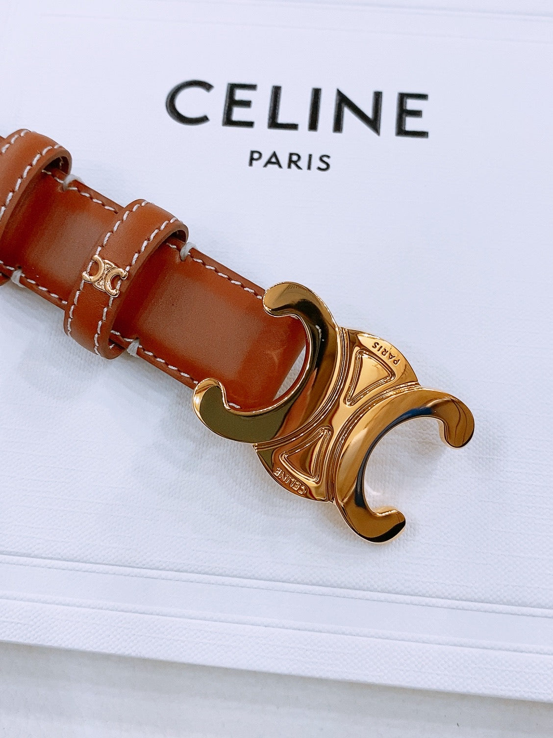 CELINE 25S TRIOMPHE BELT 25MM IN DARK CARAMEL CALFSKIN GOLD HARDWARE 570967 - 26 - 28