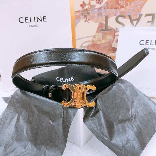 CELINE 25S TRIOMPHE BELT 25MM IN BLACK GLOSSY CALFSKIN GOLD HARDWARE 570968 - 26 - 28