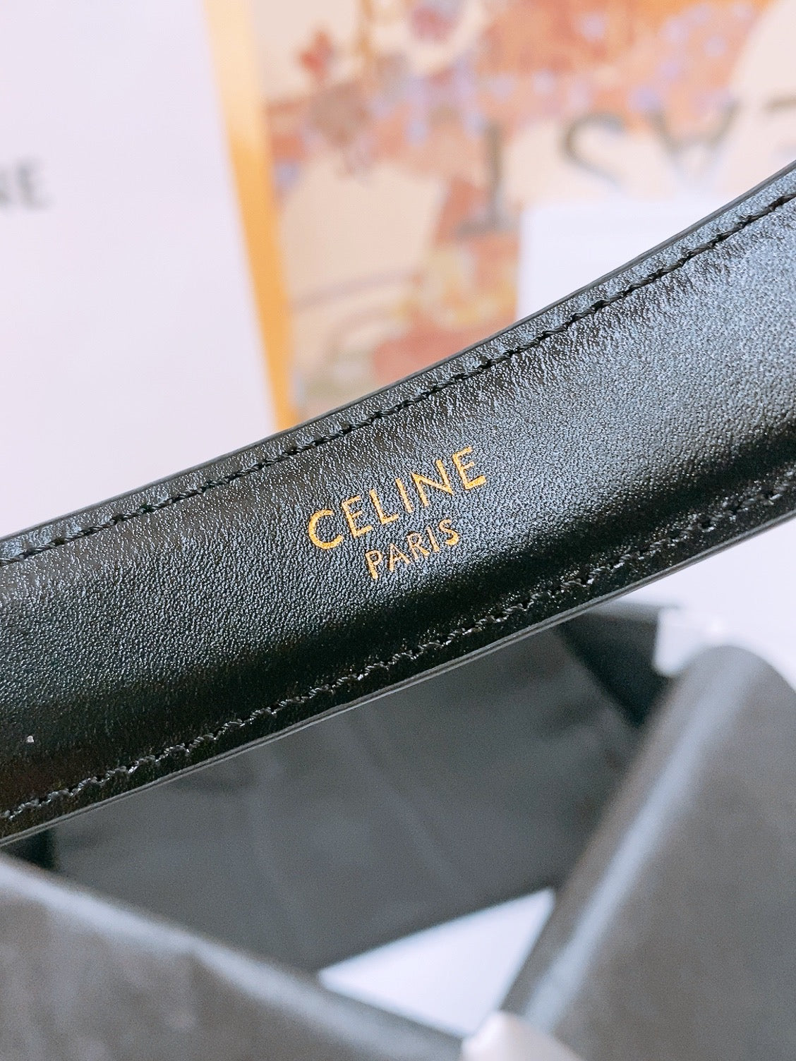 CELINE 25S TRIOMPHE BELT 25MM IN BLACK GLOSSY CALFSKIN GOLD HARDWARE 570968 - 26 - 28