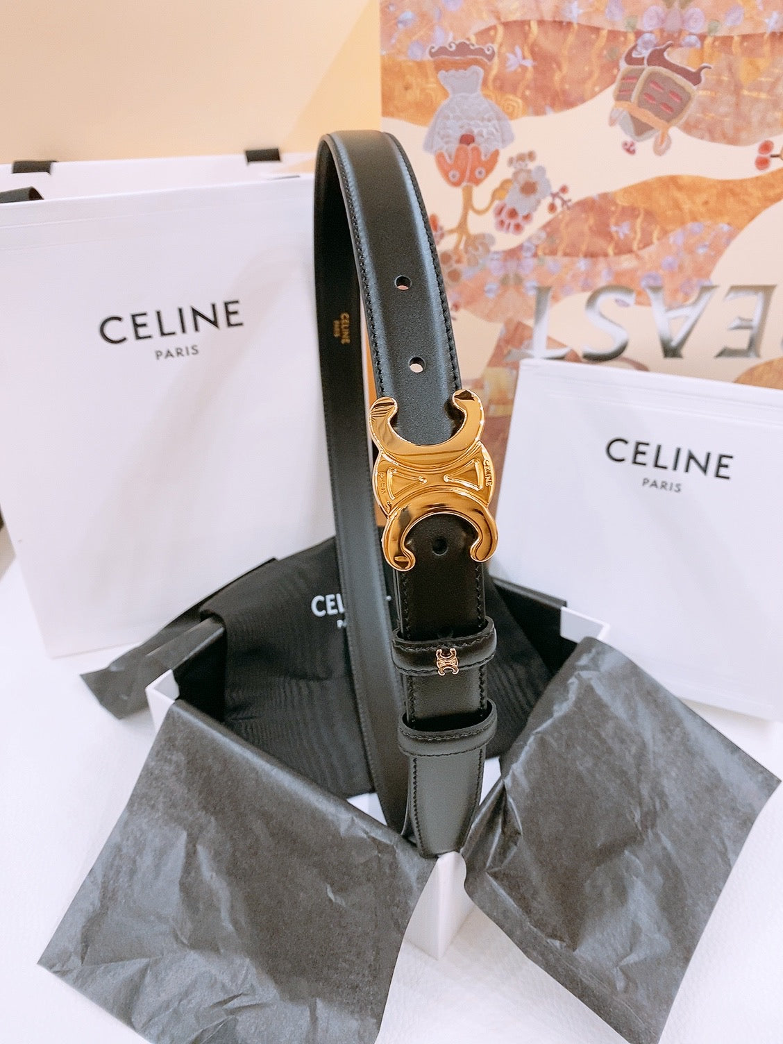 CELINE 25S TRIOMPHE BELT 25MM IN BLACK CALFSKIN GOLD HARDWARE 570969 - 26 - 28