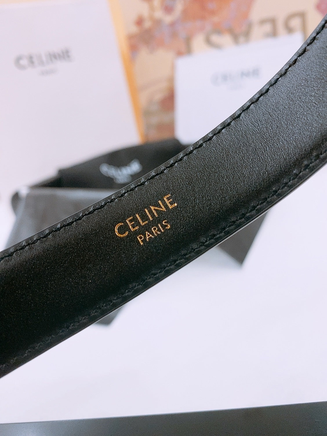 CELINE 25S TRIOMPHE BELT 25MM IN BLACK CALFSKIN GOLD HARDWARE 570969 - 26 - 28