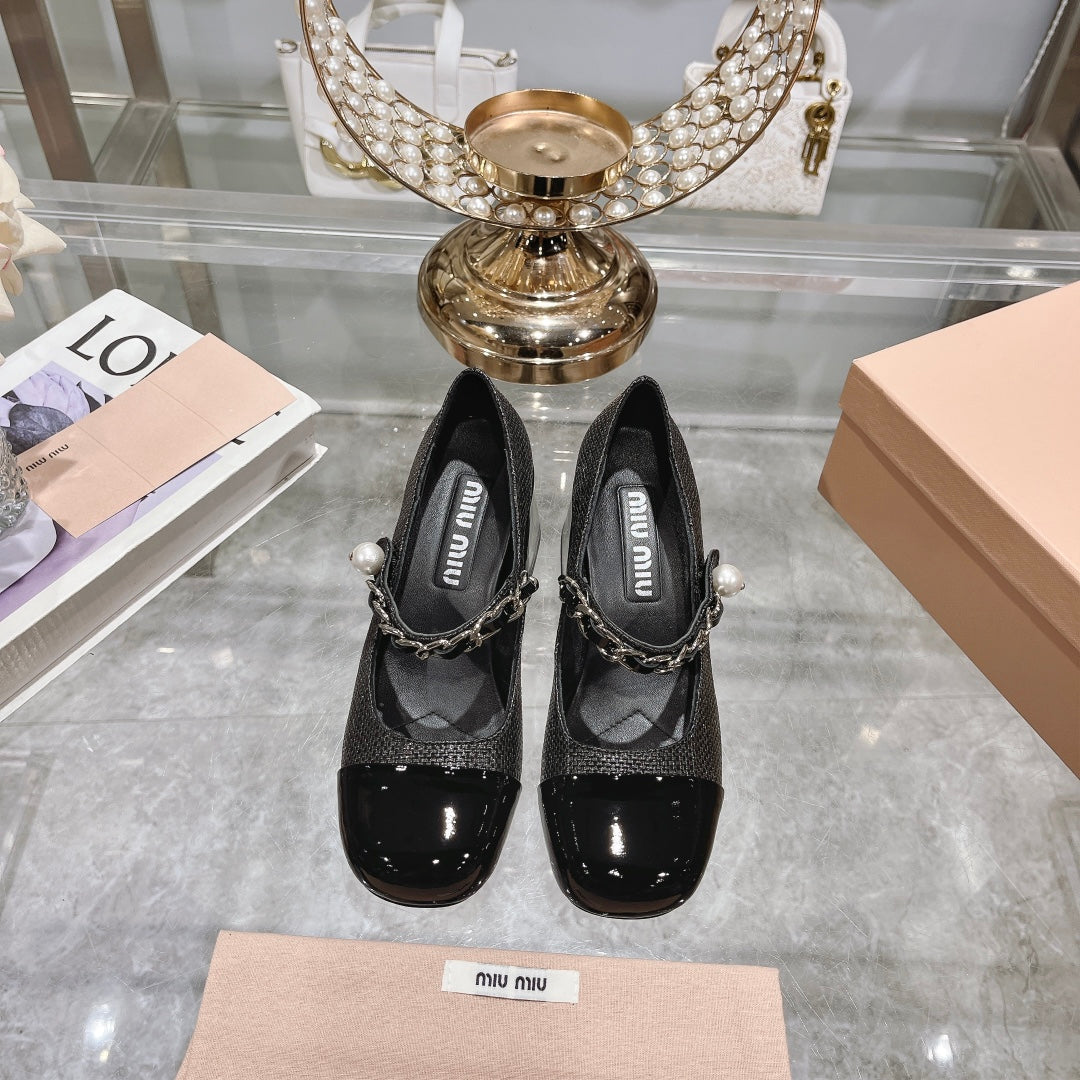 MARY JANE SANDAL CAP TOE BLACK SHEEPSKIN - HIGH HEEL - 35