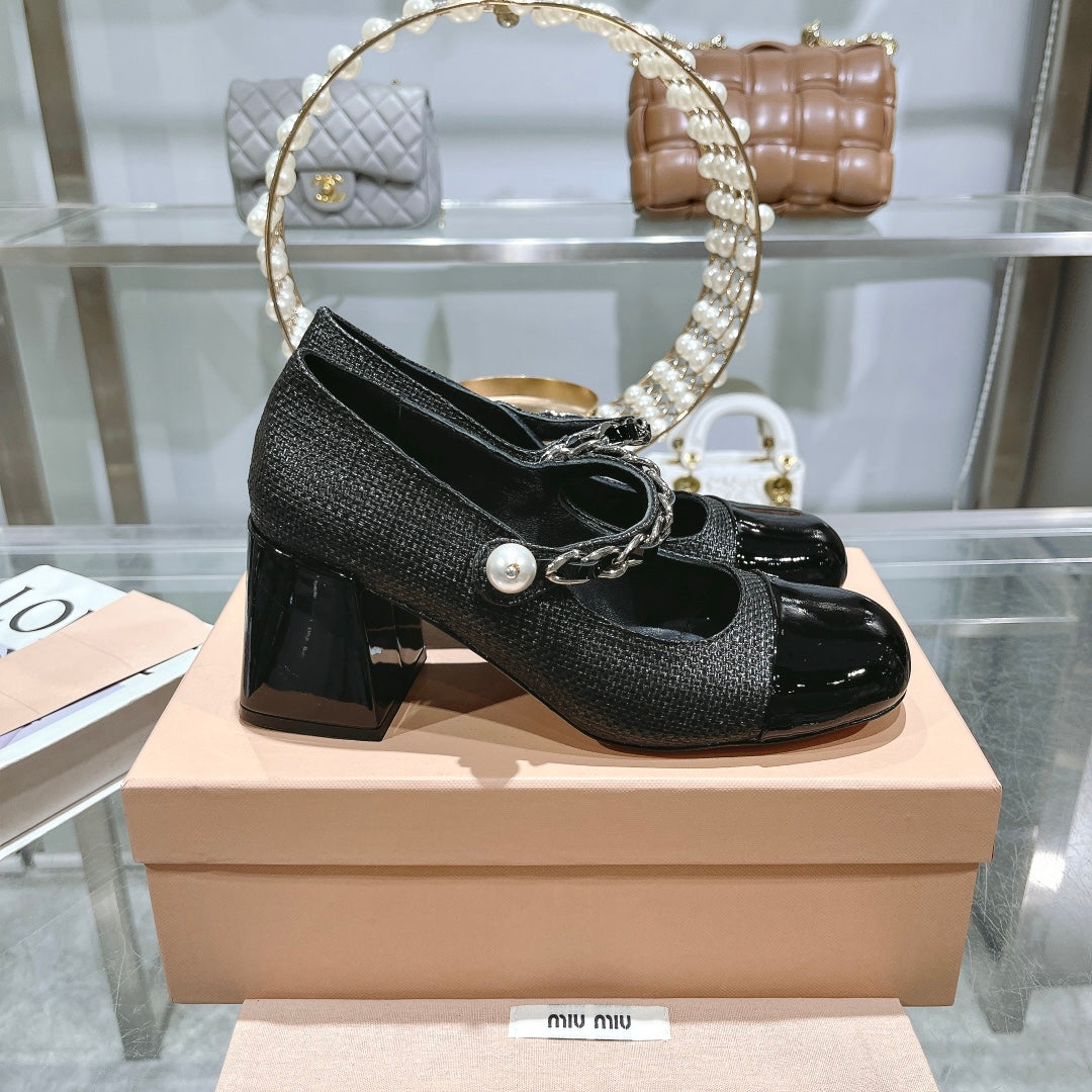MARY JANE SANDAL CAP TOE BLACK SHEEPSKIN - HIGH HEEL - 35