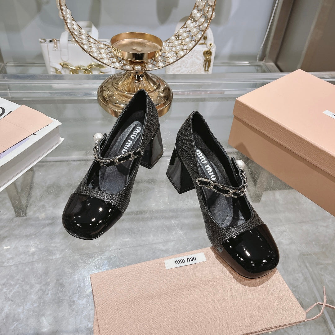 MARY JANE SANDAL CAP TOE BLACK SHEEPSKIN - HIGH HEEL - 35