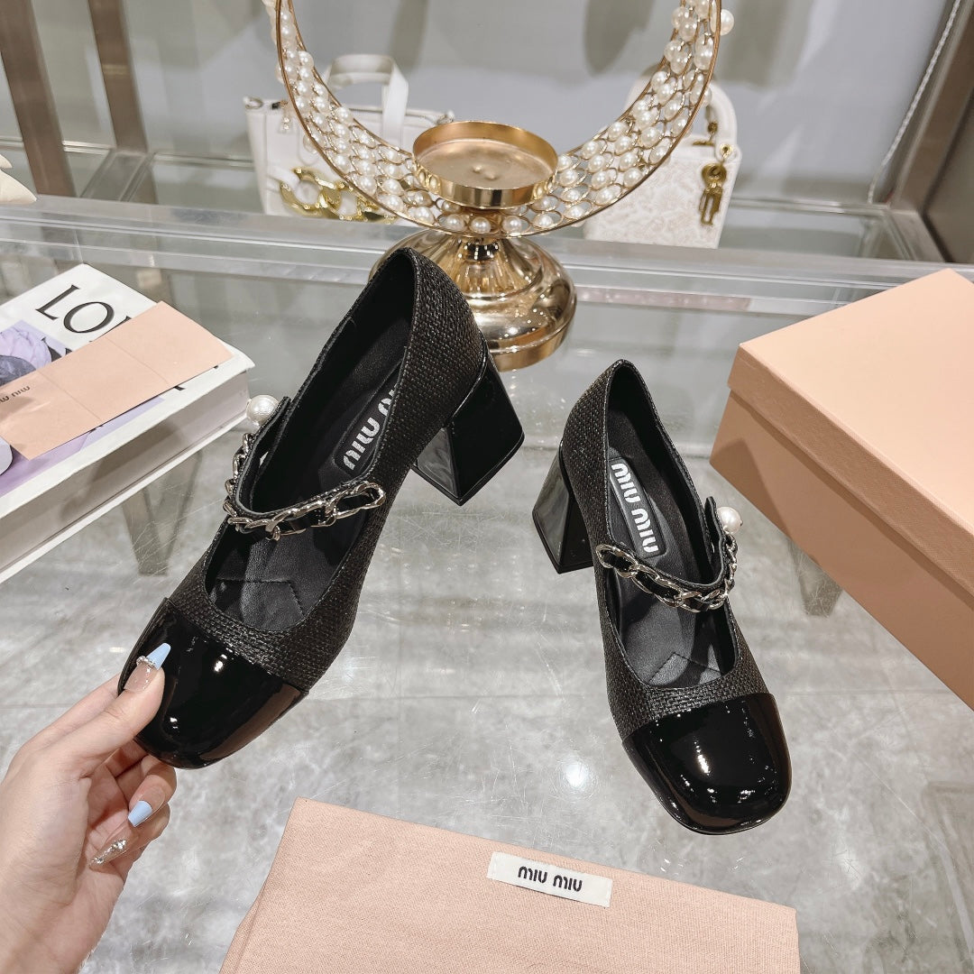 MARY JANE SANDAL CAP TOE BLACK SHEEPSKIN - HIGH HEEL - 35