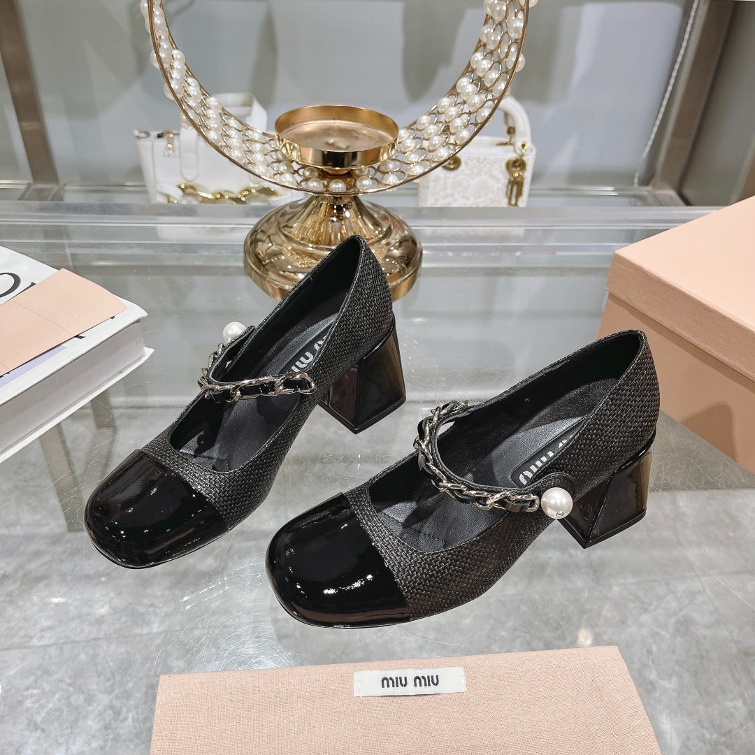 MARY JANE SANDAL CAP TOE BLACK SHEEPSKIN - HIGH HEEL - 35