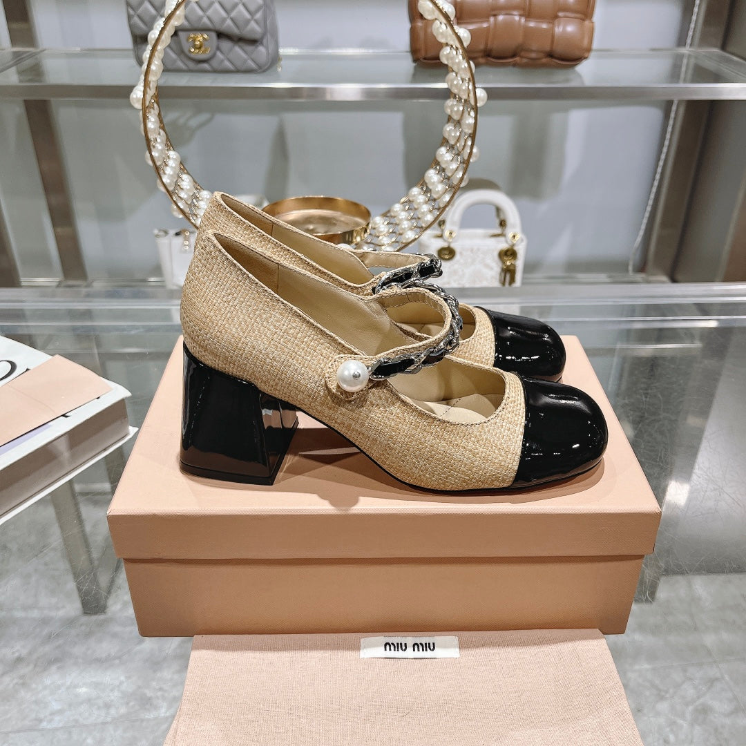 MARY JANE SANDAL CAP TOE DARK CREAM SHEEPSKIN - HIGH HEEL - 35