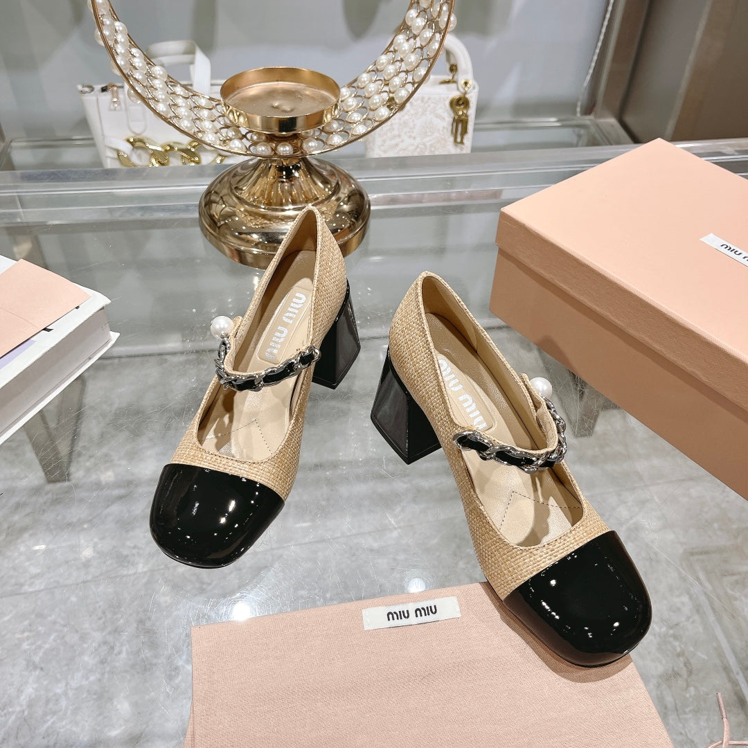 MARY JANE SANDAL CAP TOE DARK CREAM SHEEPSKIN - HIGH HEEL - 35