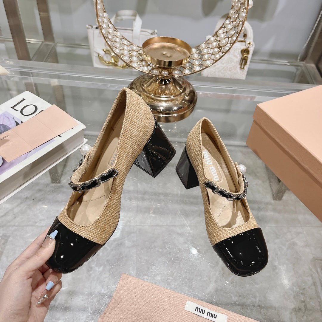 MARY JANE SANDAL CAP TOE DARK CREAM SHEEPSKIN - HIGH HEEL - 35