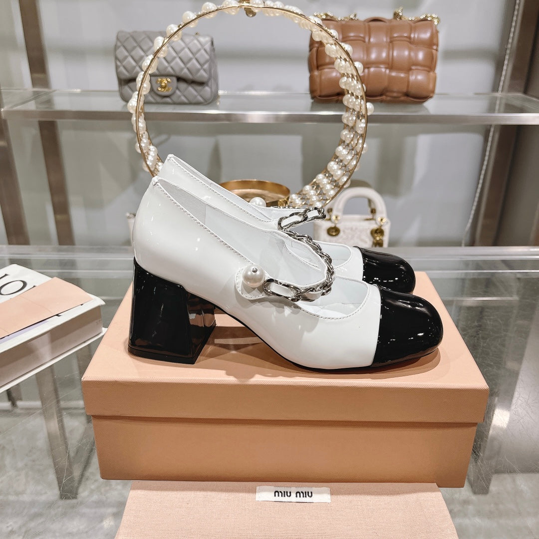 MARY JANE SANDAL CAP TOE WHITE SHEEPSKIN - HIGH HEEL - 35