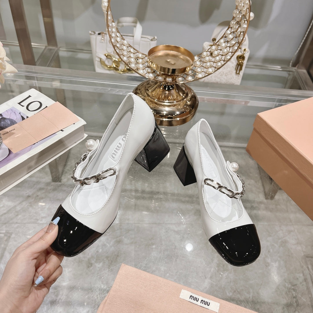 MARY JANE SANDAL CAP TOE WHITE SHEEPSKIN - HIGH HEEL - 35