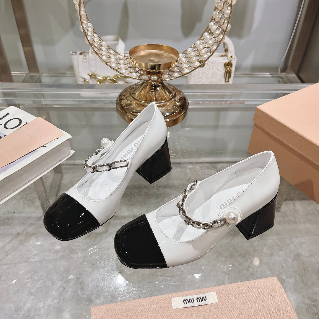 MARY JANE SANDAL CAP TOE WHITE SHEEPSKIN - HIGH HEEL - 35