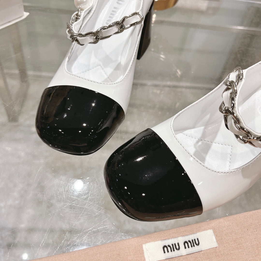 MARY JANE SANDAL CAP TOE WHITE SHEEPSKIN - HIGH HEEL - 35