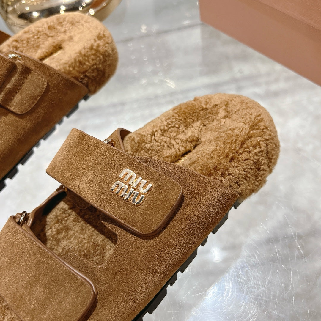 SANDAL SLIDES IN SEPIA BROWN SUEDE AND SHEARLING LINING - 35