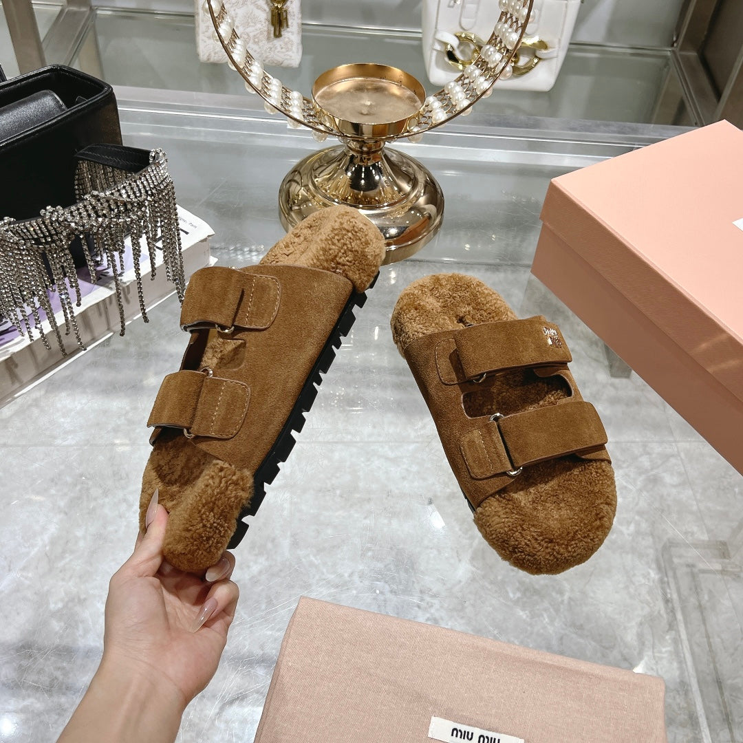 SANDAL SLIDES IN SEPIA BROWN SUEDE AND SHEARLING LINING - 35