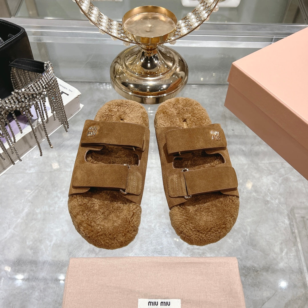 SANDAL SLIDES IN SEPIA BROWN SUEDE AND SHEARLING LINING - 35