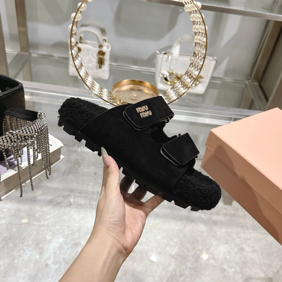 SANDAL SLIDES IN BLACK SUEDE AND SHEARLING LINING - 35