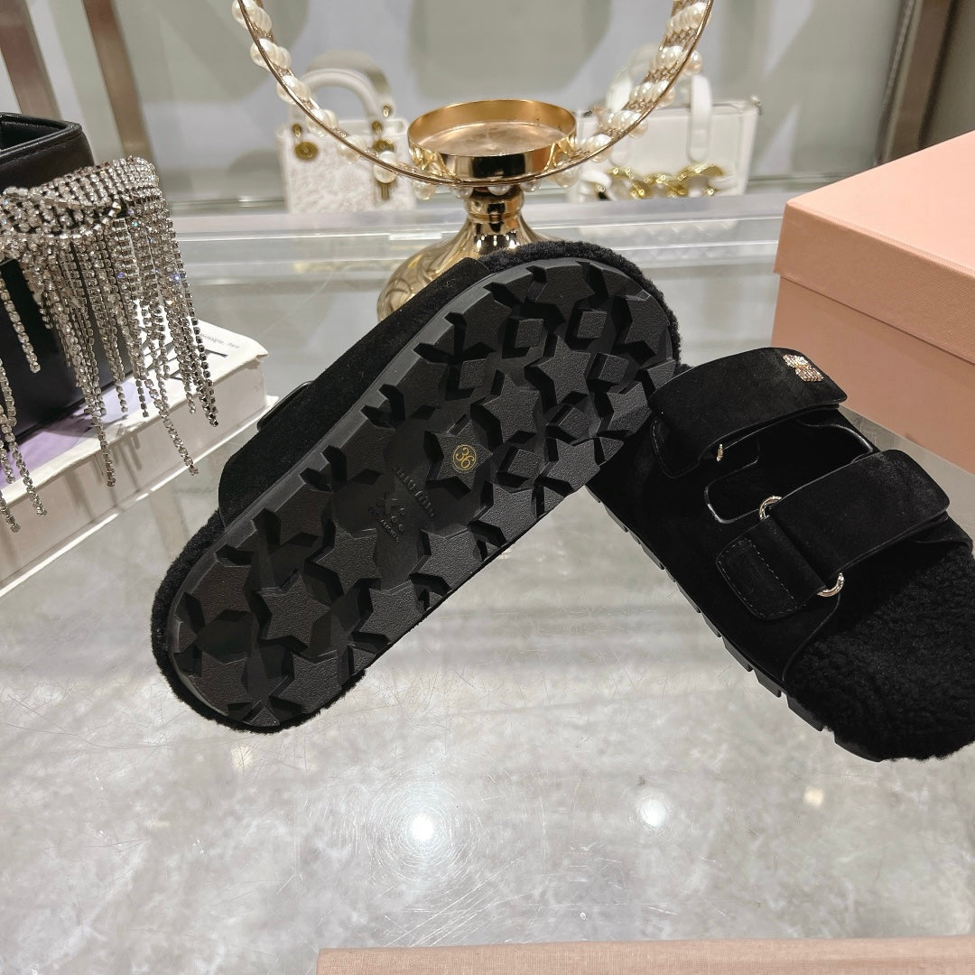 SANDAL SLIDES IN BLACK SUEDE AND SHEARLING LINING - 35