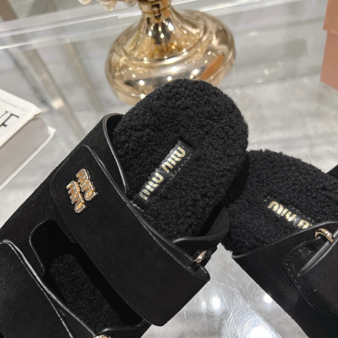 SANDAL SLIDES IN BLACK SUEDE AND SHEARLING LINING - 35