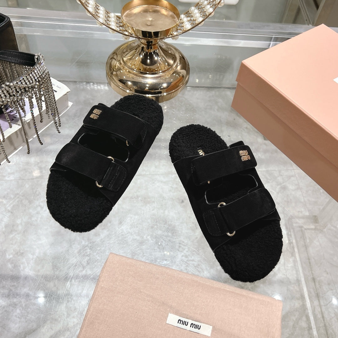 SANDAL SLIDES IN BLACK SUEDE AND SHEARLING LINING - 35