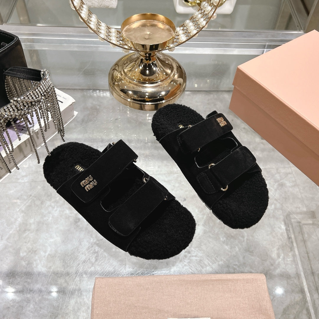 SANDAL SLIDES IN BLACK SUEDE AND SHEARLING LINING - 35