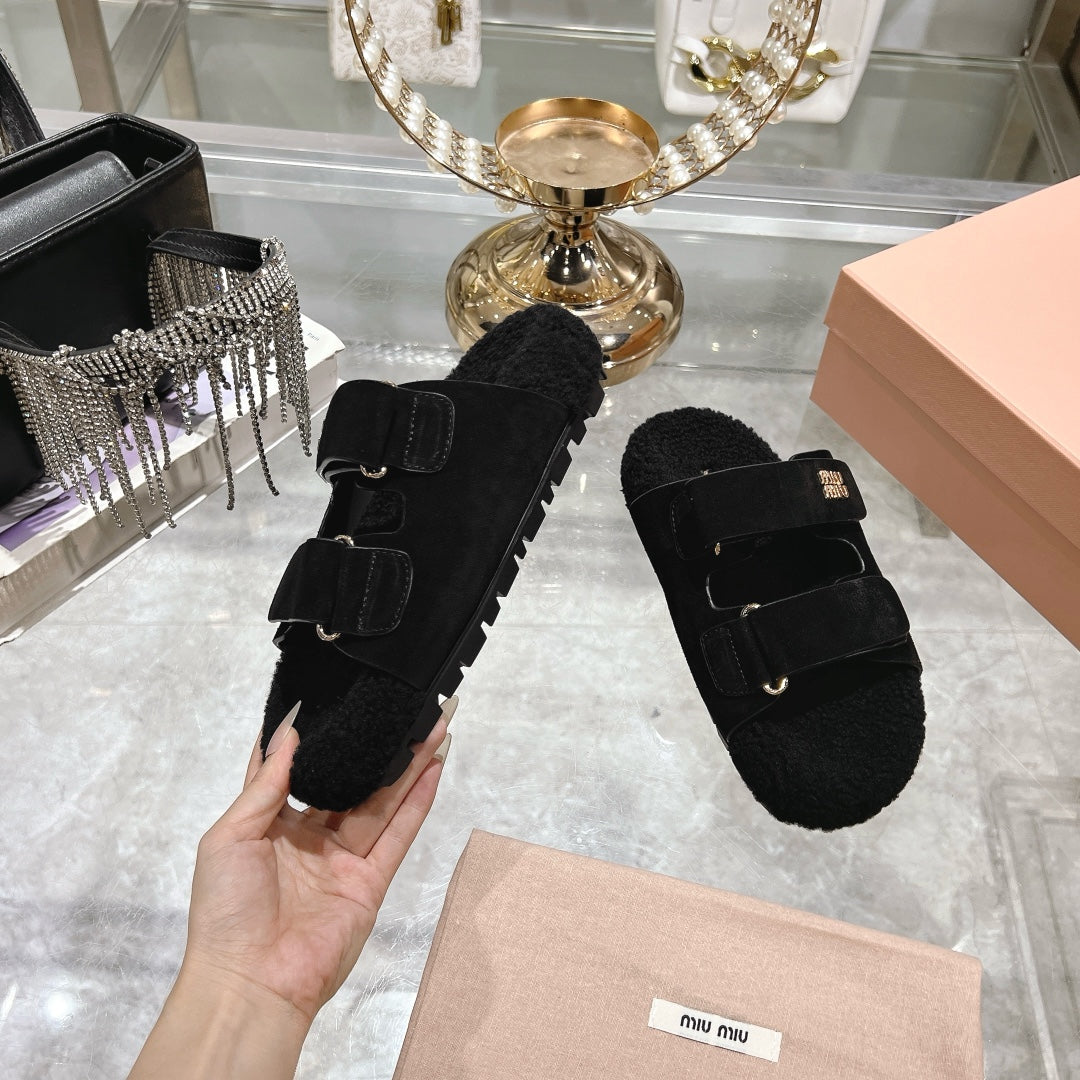 SANDAL SLIDES IN BLACK SUEDE AND SHEARLING LINING - 35