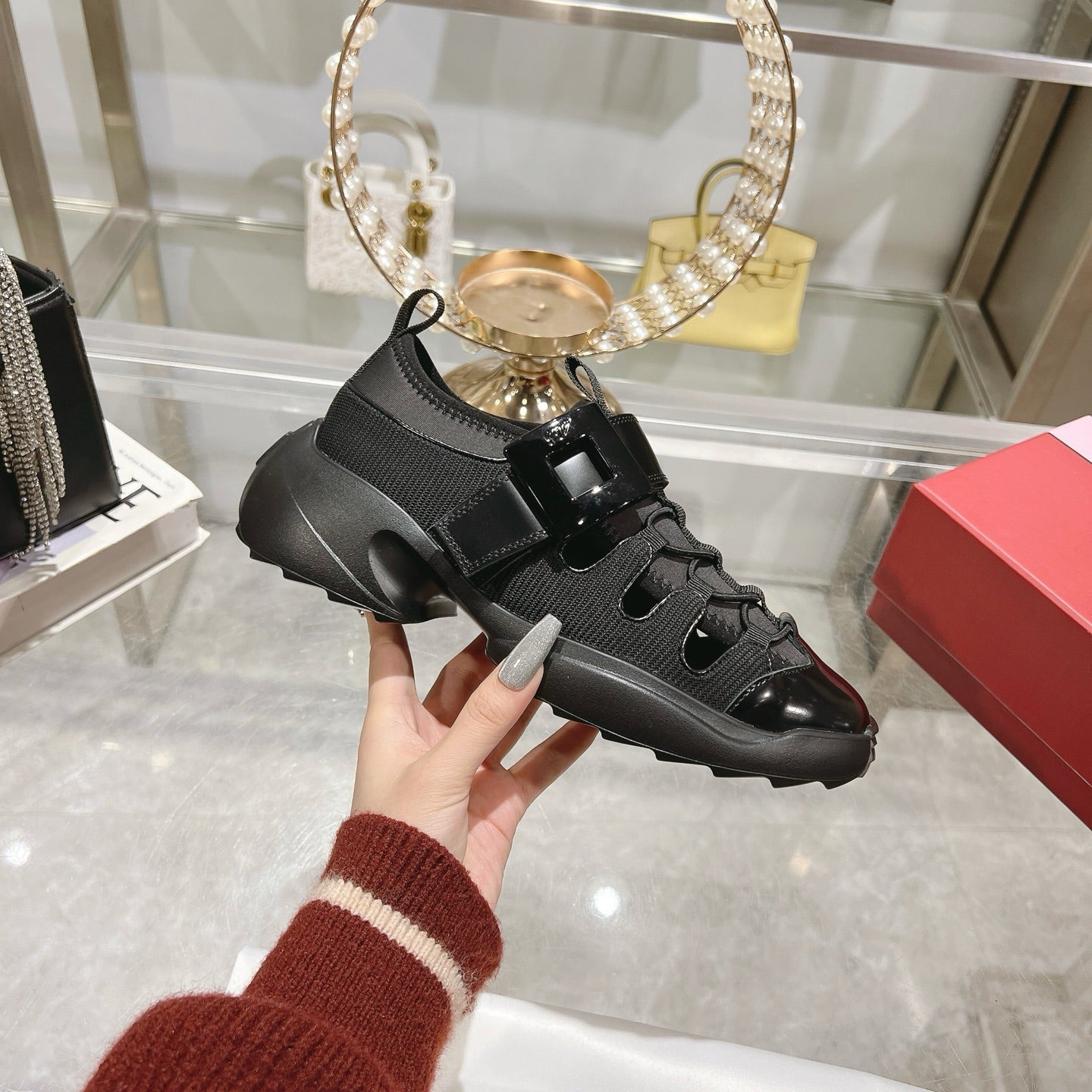 VIV' ON THE RUN TREKKY SNEAKERS IN BLACK SHINY CALFSKIN AND FABRIC - 35