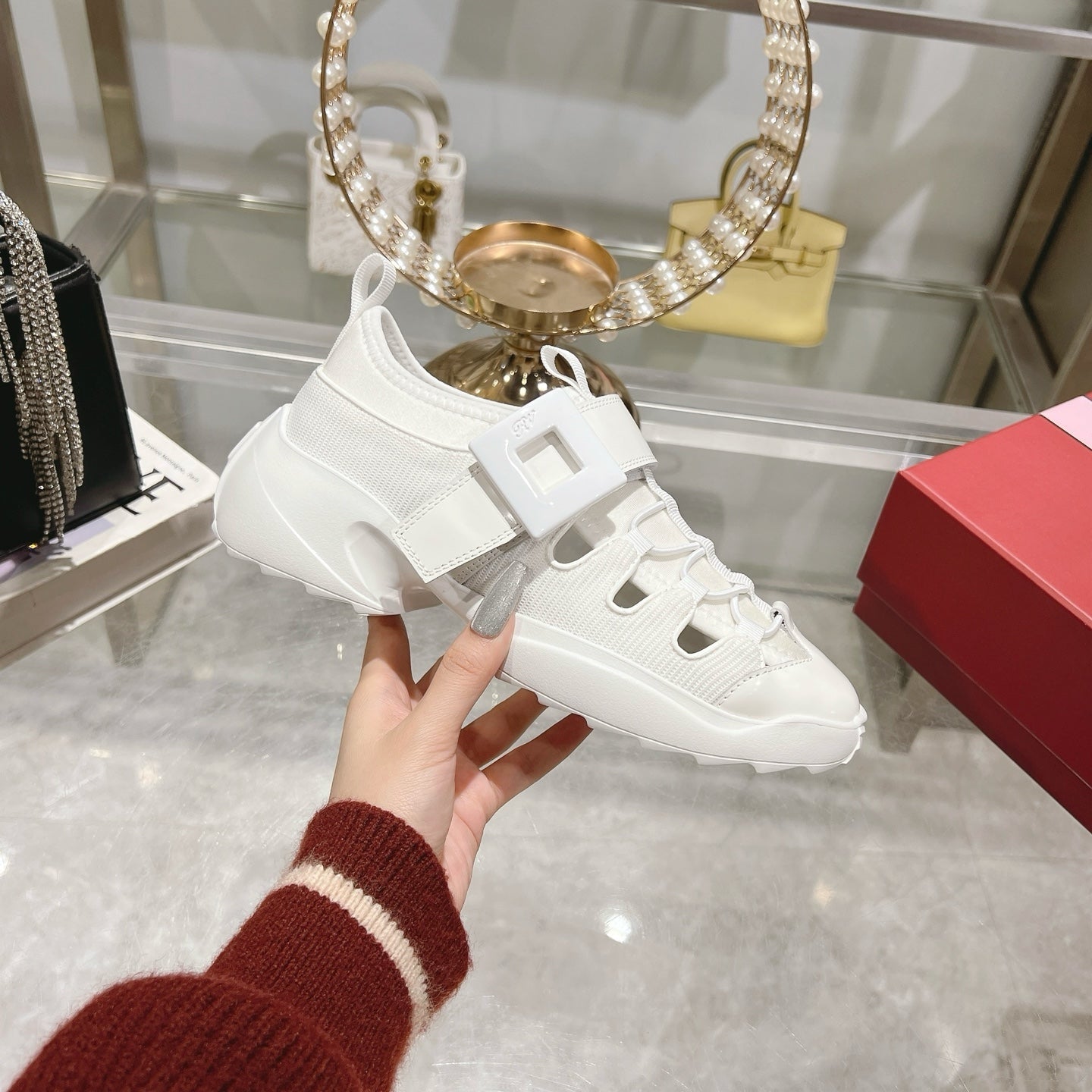 VIV' ON THE RUN TREKKY SNEAKERS IN WHITE SHINY CALFSKIN AND FABRIC - 35